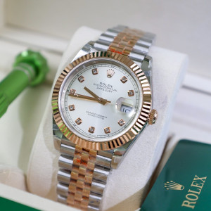 Đồng Hồ Rolex Rep 1:1 Rolex Datejust Bọc Vàng 18K Dial Xám Bạc Cọc Số Kim Cương 41mm GM Factory