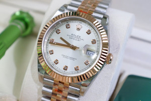 Đồng Hồ Rolex Rep 1:1 Rolex Datejust Bọc Vàng 18K Dial Xám Bạc Cọc Số Kim Cương 41mm GM Factory